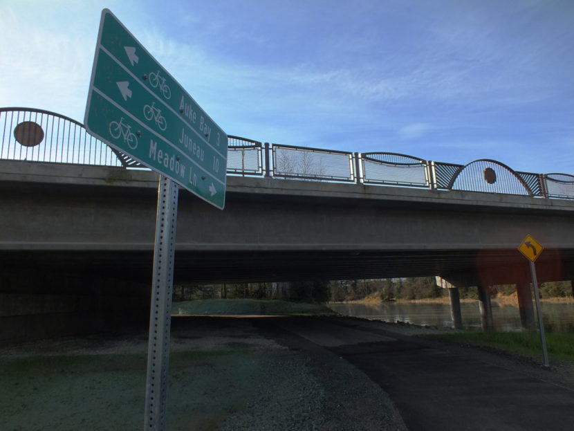 New Brotherhood Bridge features underpasses for pedestrians and cyclists on both banks of the Mendenhall River. (Photo by Matt Miller/KTOO)