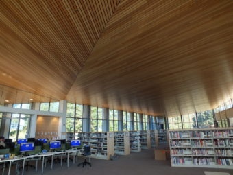 The new Mendenhall Valley Public Library features a wood ceiling. (Photo by Matt Miller/KTOO)