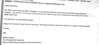 A JPEG of an email provided to blogger Jim Romenesko, sent from a Morris executive to 33 editors asking them to republish an editorial that ran between September 21st and 26th around the country. (Image courtesy of Jim Romenesko)