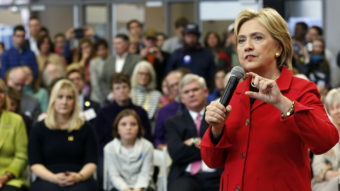 Democratic presidential candidate Hillary Clinton speaks during a campaign stop at Manchester Community College on Monday. Jim Cole/AP
