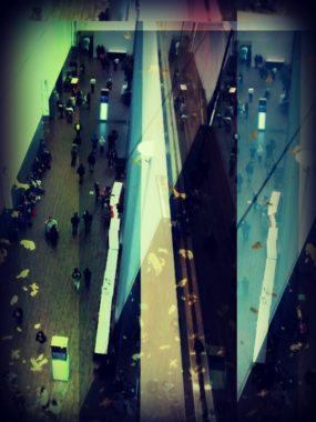 The Dena'ina Convention Center concourse. (Original photo by Mikko Wilson/KTOO. Illustration by Jennifer Canfield/KTOO)