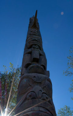 The uninvited guest holding a basket of roses on the Healing Heart toem pole (Photo courtesy of Cathy Mcintosh).