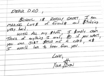 Hand-written letters like this one are read and shown on a screen. (Image courtesy of Letters Aloud)