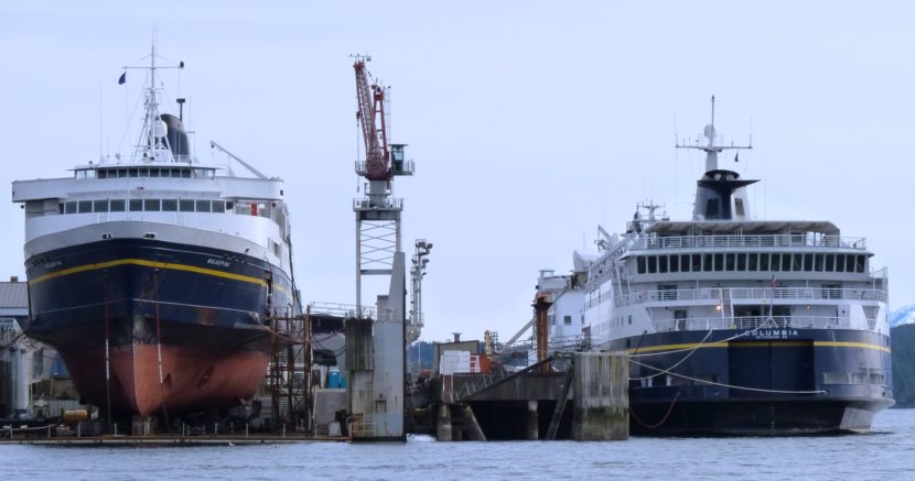 The ferry Malaspina is in drydock and the Columbia is tied up at the Ketchikan Shipyard in February, 2012. Federal funds have covered millions of dollars of repairs. (Photo by Ed Schoenfeld/CoastAlaska News)