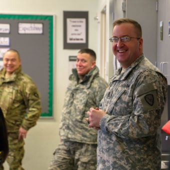 Command Sgt. Maj. Hildreth meets with guardsman at the Bethel National Guard building. (Photo by Sgt. Marisa Lindsay/AKNG)