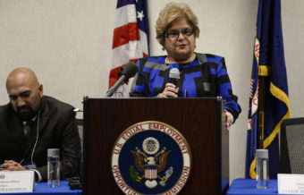 Elizabeth Cadle of the Equal Employment Opportunity Commission answers questions on Feb. 16 about the $1 million settlement of a lawsuit against Vail Run Resort. John Leyba/Denver Post via Getty Images