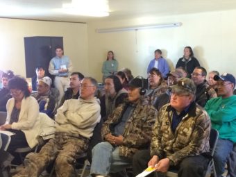 The USACE presenting the Donlin Gold EIS in Nunapitchuk. (Photo courtesy of KYUK)