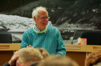 Juneau Mayor-elect Ken Koelsch addresses his supporters on election night at City Hall, March 15, 2016. (Photo by Jeremy Hsieh/KTOO)
