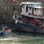 The tug Challenger is moved into position to be beached and demolished on March 7, 2016 (Photo by David Purdy/KTOO)