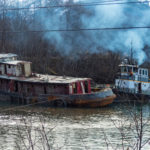 The tug Challenger is secured at high tide to be beached and demolished at low tide on March 7, 2016 (Photo by David Purdy/KTOO)