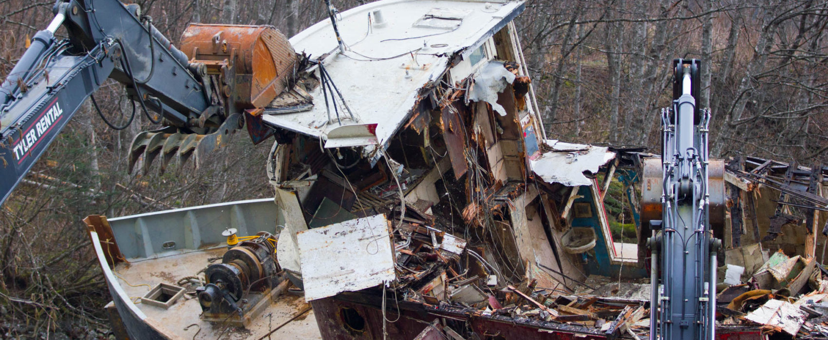 Excavators demolish the tug Challenger on March 7, 2016 (Photo by Mikko Wilson/KTOO)