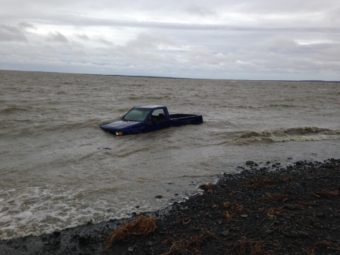 Isuzu pickup truck caught by tide Kanakanak Beach Dillingham, May 10 2016