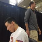 Seal hop competitor Jeremy Roberts and Mount Edgecumbe NYO Coach Archie Young. (Photo by Emily Kwong/KCAW)