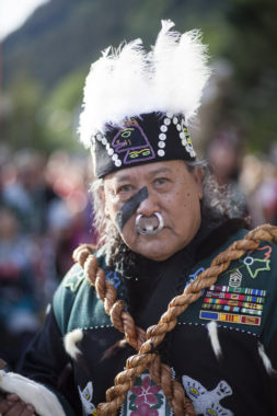 Tiny Barril, Tlingit from Washington, dances during a processional and grand entrance on Wednesday, June 8, 2016, near Juneau, Alaska. Celebration is a biennial festival of Tlingit, Haida and Tsimshian tribal members put on by the Sealaska Heritage Institute. (Photo by Rashah McChesney/KTOO)
