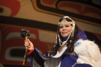 Hundreds gather to march during a processional and grand entrance on Wednesday, June 8, 2016, near Juneau, Alaska. Celebration is a biennial festival of Tlingit, Haida and Tsimshian tribal members put on by the Sealaska Heritage Institute. (Photo by Rashah McChesney/KTOO)