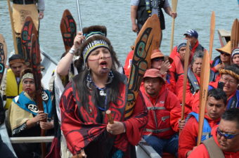 This canoe from Ketchikan carried the Haida Copper Bird family. They had pullers from Hydaburg, Old Massett, Angoon, Hoonah, Seattle, and Klawock. (Photo by Emily Kwong/KCAW)