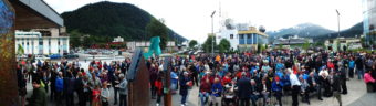 Panoramic photo of the early crowd before the grand opening of the Father Andrew P. Kashevaroff Library, Archives and Museum Building on June 6, 2016.