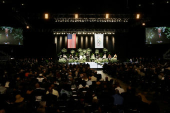 Sen. Orrin Hatch speaks during Muhammad Ali's memorial service in Louisville, Ky. Hatch said they became friends after the boxer came to visit him on Capitol Hill and that their friendship likely puzzled observers. David Goldman/AP