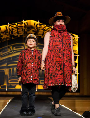 Models display the works of 18 Alaska Native designers at Celebration's first Native Fashion Show, sponsored by Sealaska Heritage Institute. Friday, June 10, 2016. (Photo by Annie Bartholomew/KTOO)