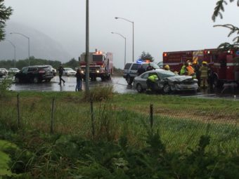 Authorities investigate two-vehicle collision on Egan Drive Saturday, July 23, 2016. (Photo by Kelli Burshaw/KTOO)
