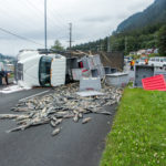 16,000lbs of salmon spill from a rolled truck on Egan Drive on July 25th, 2016. (Photo by Mikko Wilson / KTOO)