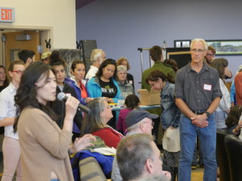 Christy NaMee Eriksen addresses audience. (Photo by Quinton Chandler/KTOO)