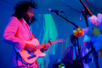 Juneau songwriter George Kuhar performs with Playboy Spaceman at the Rockwell Ballroom on July 9, 2016. The band was playing at its album release party for "And His Father." (Photo by Annie Bartholomew/KTOO)