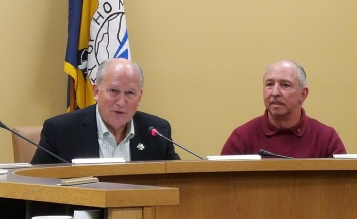 Governor Walker Addresses Homer City Council alongside Council Member Bryan Zak on Tuesday, August 2. (Shahla Farzan, KBBI)