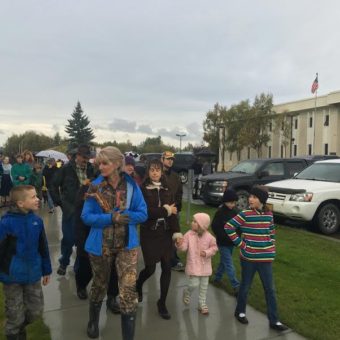 Protesters in front of the Kenai Peninsula Borough building in Soldotna. (Photo by Daysha Eaton/KBBI)