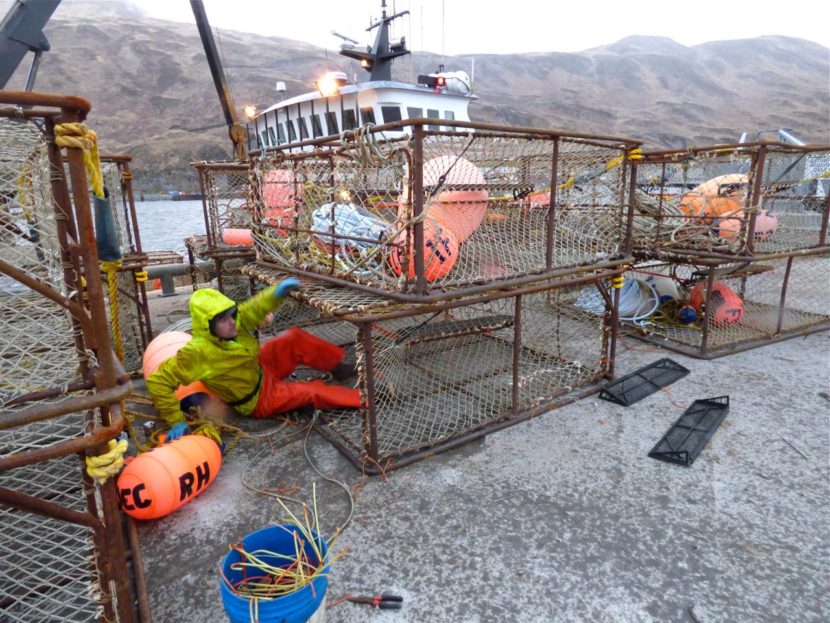 An Unalaska fisherman prepares for tanner crab season. (Photo by KUCB)