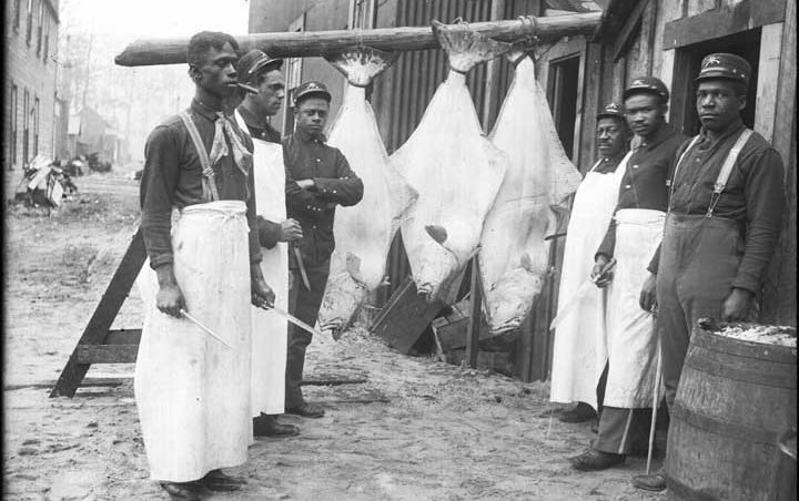 Buffalo Soldiers in Dyea prepare halibut for a fresh meal for their army unit. (Photo courtesy of the Alaskan State Library ASL- P226-868)