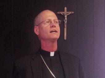 Archbishop-elect Paul Etienne addresses the public at the Archdiocese of Anchorage on Oct. 4, 2016. (Photo by Josh Edge/APRN)