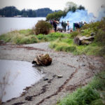 The steaming on Sitka’s Eagle Beach attracted friends and family of the carvers along with Park Service employees. (Photo by Emily Russell/KCAW)