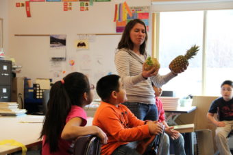 Meredith Pochardt teaches about local foods in Angoon. (courtesy of Southeast Alaska Watershed Coalition) Meredith Pochardt teaches about local foods in Angoon. (Photo courtesy of Southeast Alaska Watershed Coalition)