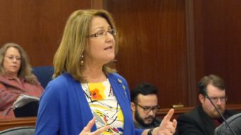 Sen. Anna MacKinnon, R-Eagle River, on the floor of the Senate during debate about the state operating budget, March 14, 2016. (Photo by Skip Gray/360 North)