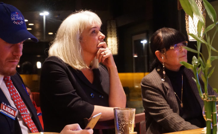 Cathy Munoz watches Alaska election night coverage at her campaign party at the Canton House in Juneau, Nov. 8, 2016. The Republican incumbent was behind all night against her opponent, Democrat Justin Parish. (Photo by Jeremy Hsieh/KTOO)