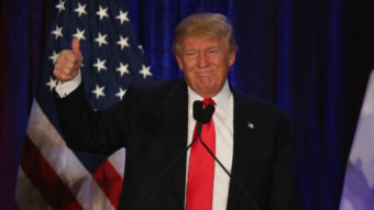 Republican presidential candidate Donald Trump speaks at his Iowa Caucus night gathering February 1, 2016 in Des Moines, Iowa. Scott Olson/Getty Images