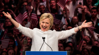 Hillary Clinton claims victory in the Democratic primary in the Brooklyn Navy Yard on June 7, 2016. Drew Angerer/Getty Images
