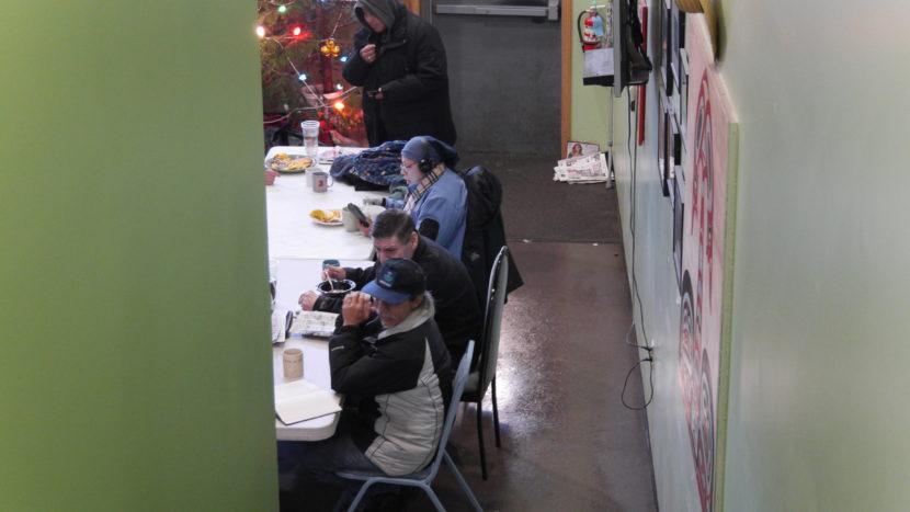 Glory Hole visitors eating breakfast on Monday. (Photo by Quinton Chandler/KTOO)