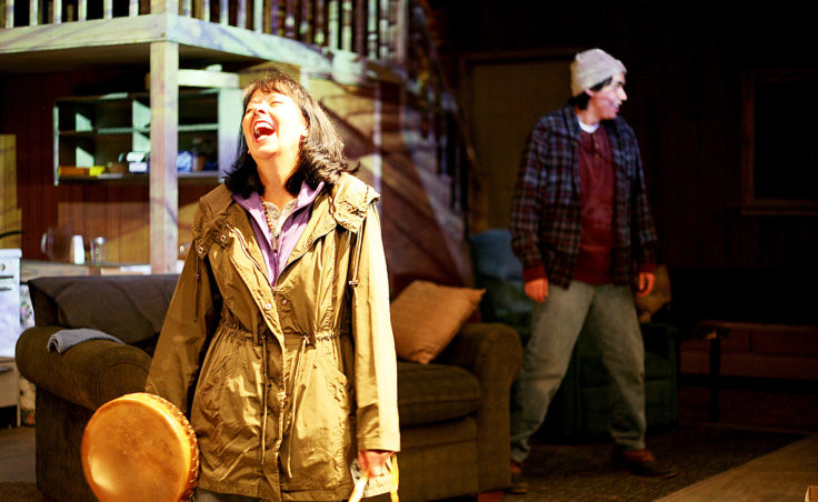 Diane E. Benson and Kholan Studi laugh during a musical performance at a technical rehearsal for "They Don't Talk Back" at Perseverance Theatre in downtown Douglas, Alaska. (Photo by Tripp J Crouse/KTOO)