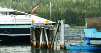 The fast ferry Fairweather docks in Petersburg Aug. 20, 2013, after a trip from Juneau. Budget cuts eliminated that route. (Photo by Ed Schoenfeld/CoastAlaska News)