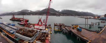 Barges and equipment being used in the construction of the new cruise ship terminal on January 25, 2017 (Photo by David Purdy/KTOO)