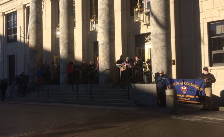 Protest organizers, speakers and state legislators stood on the capitol steps to address the crowd in opposition to abortion on Friday, Jan. 20, 2017. (Photo by Quinton Chandler/KTOO)