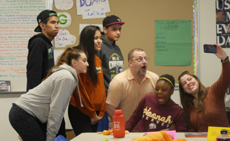 Hoonah City High school students and teachers take a selfie during their Orange Frog training.