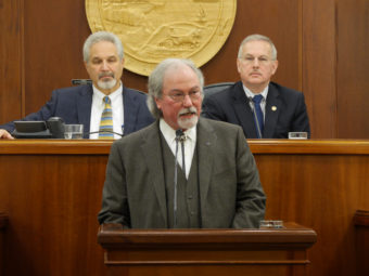 Chief Justice Craig Stowers delivers the State of the Judiciary address Feb. 8, 2017, to a joint session of the Alaska Legislature. (Photo by Skip Gray/360 North)