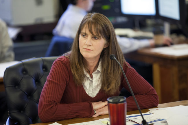 Sen. Natasha Von Imhof, R-Anchorage, questions representatives from the Alaska Gasline Development Corporation during a Senate Finance meeting focusing on the corporation's budget on Tuesday, February 14, 2017, in Juneau, Alaska. (Photo by Rashah McChesney/Alaska's Energy Desk)
