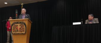 House Speaker Bryce Edgmon, D-Dillingham, addresses a March 30, 2017, forum organized by the Central Council of Tlingit and Haida Indian Tribes of Alaska at Elizabeth Peratrovich Hall in Juneau. Rep. Sam Kito III, D-Juneau, is also pictured. (Photo by Jacob Resneck/KTOO)