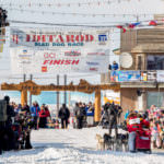 Mitch Seavey arrives at the Nome finish line of the 2017 Iditarod, the Burled Arch on Tuesday, March 14, 2017. (Photo by David Dodman/KNOM)