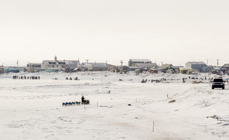 Rick Casillo mushes out of Unalakleet during the Iditarod. (Photo by Zachariah Hughes/Alaska Public Media)