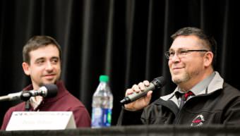 Jason Wilson, Central Council of Tlingit and Haida Indian Tribes of Alaska public safety managers, discusses criminal justice reform as legislative aide Jordan Shilling listens during a Native Issues Forum Thursday at Juneau's Elizabeth Peratrovich Hall. (Photo courtesy CCTHITA)